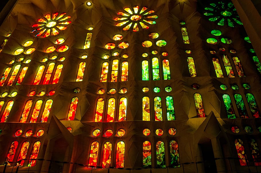 barcelona, spain, light, color, gothic, church, cristal, religion