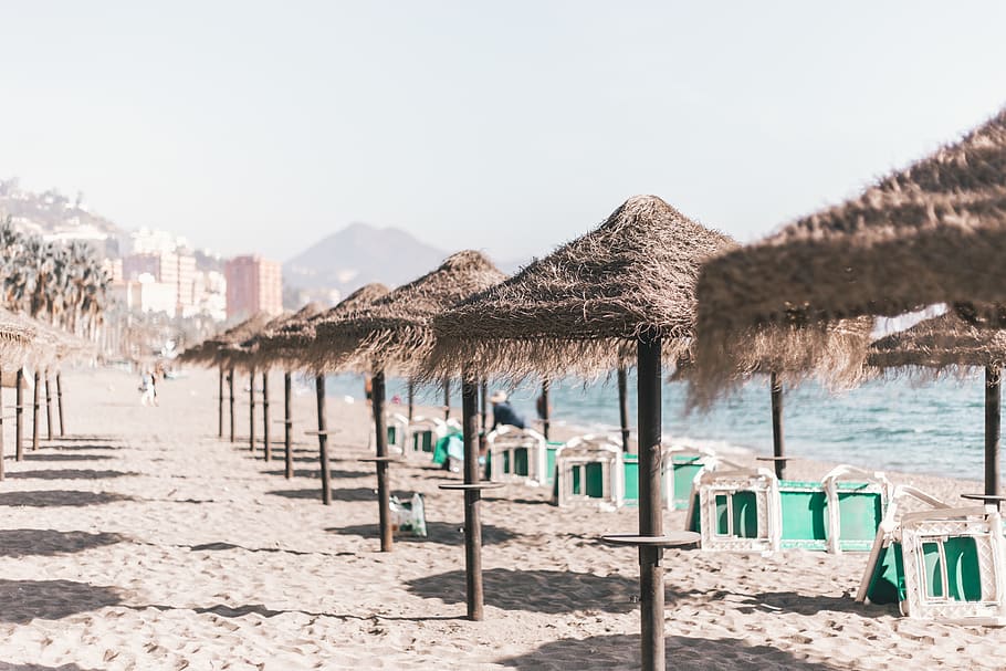 Beach Canopy Lot, landscape, malaga, ocean, resort, sand, sea HD wallpaper