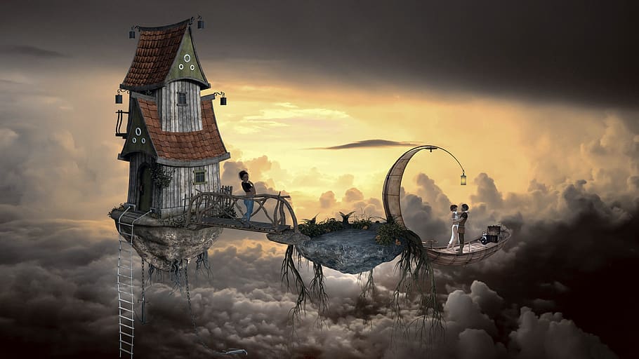 fantasy, sky, clouds, composing, human, house, airship, atmosphere HD wallpaper