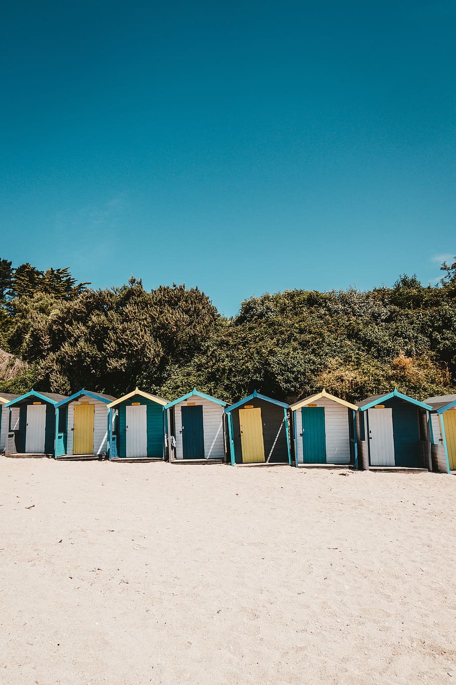 assorted-color shed beside trees, sky, blue, land, beach, clear sky HD wallpaper