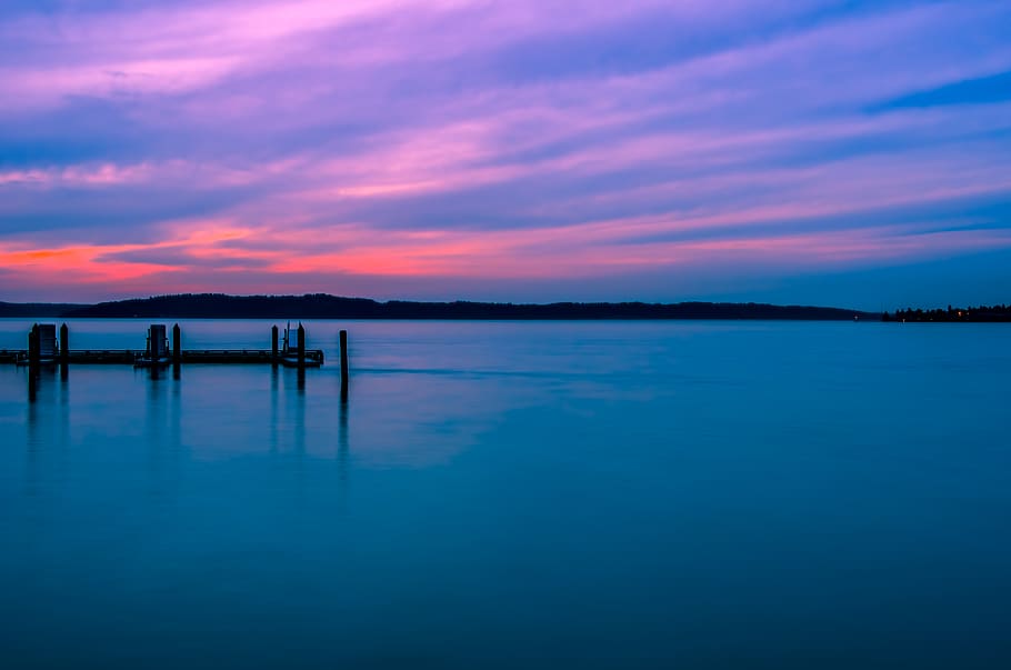 black dock, water, pier, waterfront, port, sky, outdoors, sunset HD wallpaper