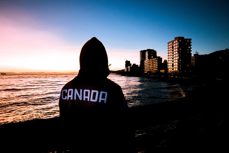 canada, ocean, sunset, sky, water, sea, rear view, city, nature HD wallpaper