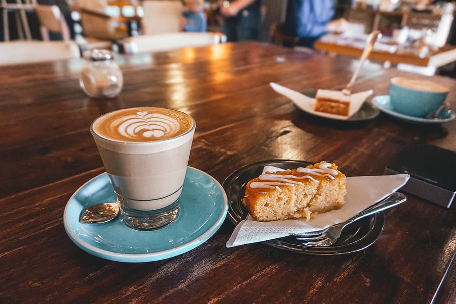 Espresso on Teal Saucer Beside Baked Cake, beverage, blurred background HD wallpaper
