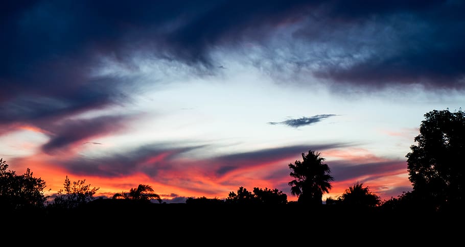 nature, sky, outdoors, sunset, red sky, dawn, dusk, silhouette HD wallpaper