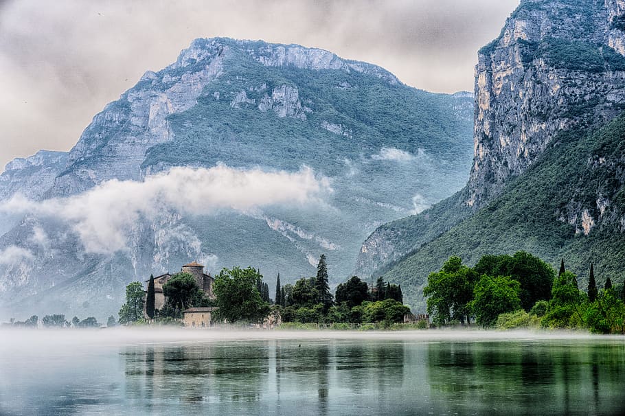 lake across mountain and trees, cliff, lakeside, castle, cloud HD wallpaper