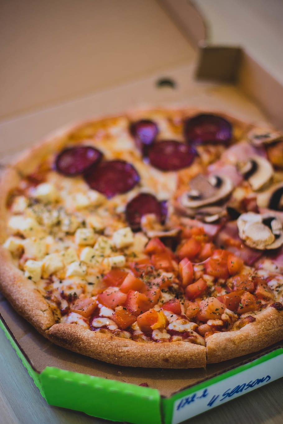 Pizza in Green Box, assorted, bread, cheese, close-up, crust HD wallpaper