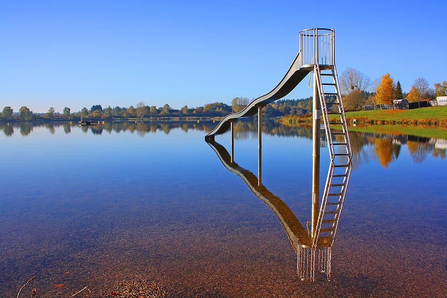 lake, slide, water slide, mirroring, blue, saarland, losheimer reservoir, HD wallpaper