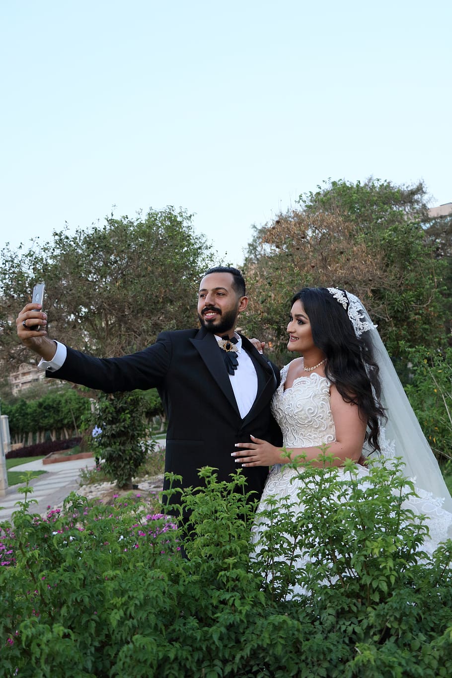 Bridal Couple Taking Selfie, adult, bridal gown, bride, Bride and Groom