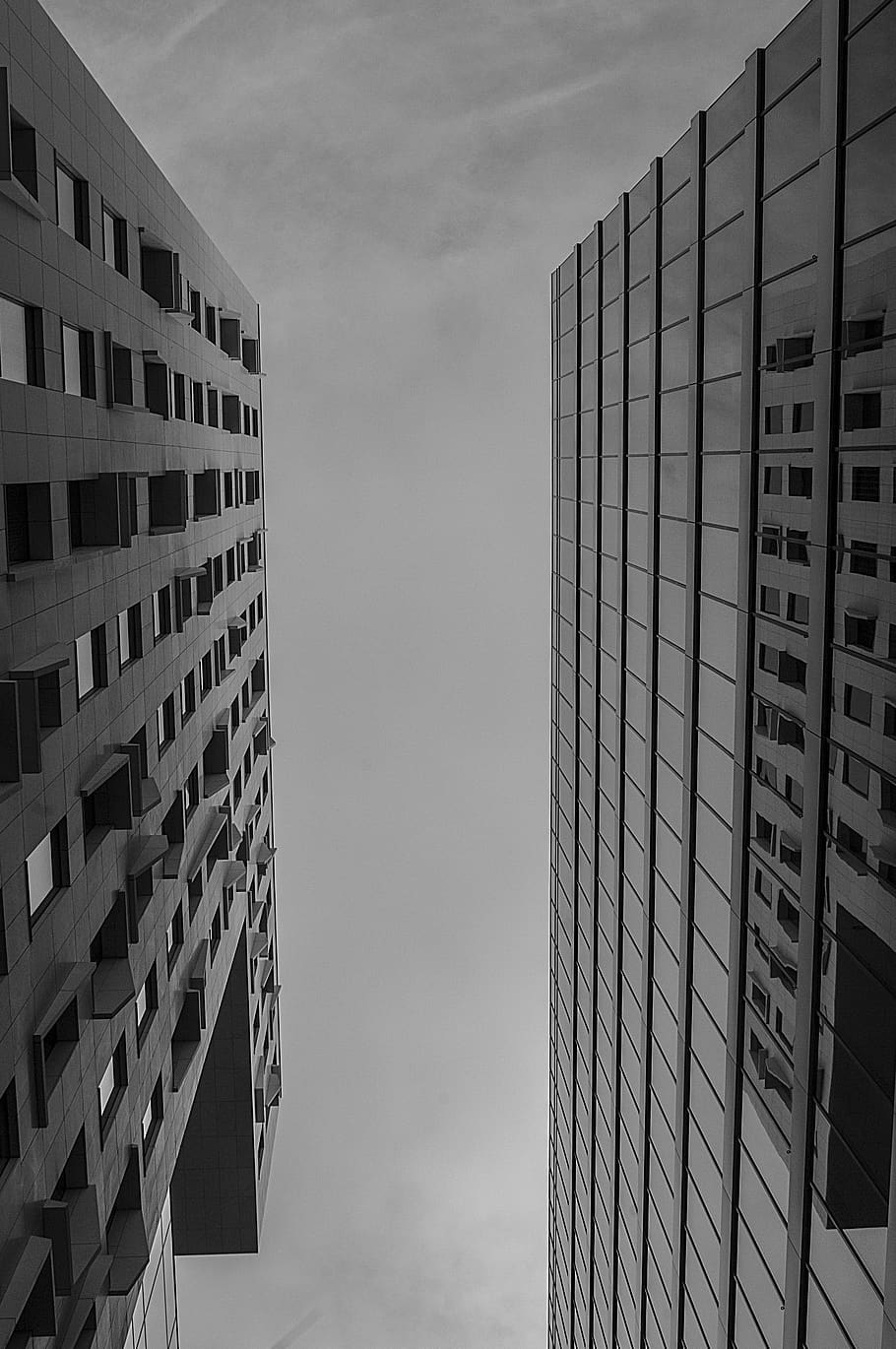 norway, oslo, barcode project, buildings, city, sky, black and white HD wallpaper