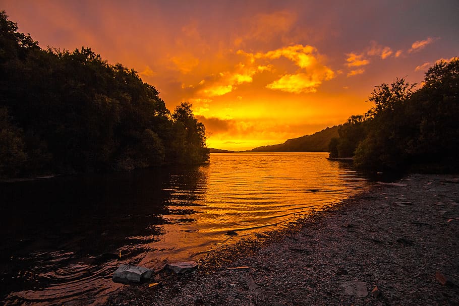 River during Sunset, dawn, dusk, evening, fall, horizon, lake HD wallpaper