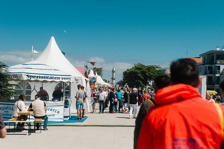 white canopy tent, rostock, lighthouse, group of people, real people HD wallpaper