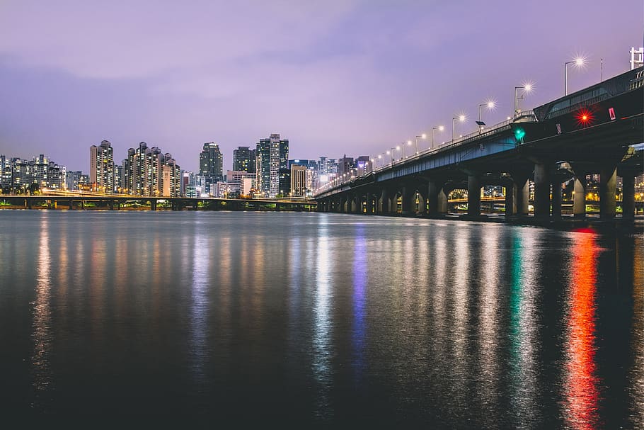 black concrete bridge, building, mulbit square, south korea, city HD wallpaper