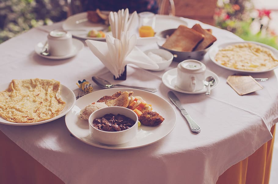 cooked food on white table, cup, breakfast, meal, saucer, plate HD wallpaper