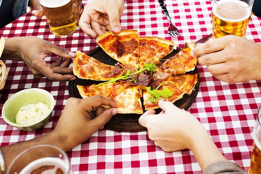 People Holding Sliced Pizza, beer, beverage, delicious, dinner HD wallpaper