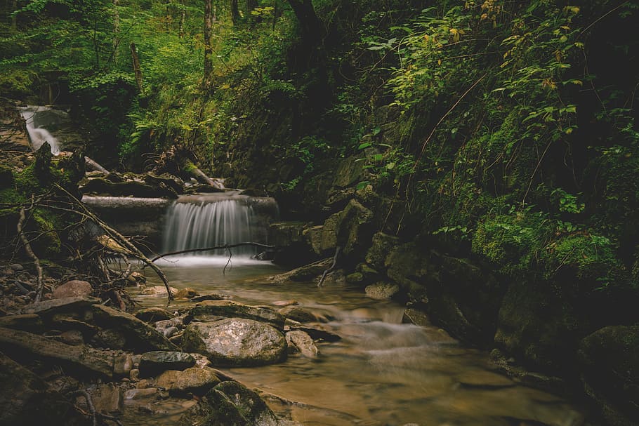 stream, water, falls, rocks, nature, travel, green, plant, trees HD wallpaper