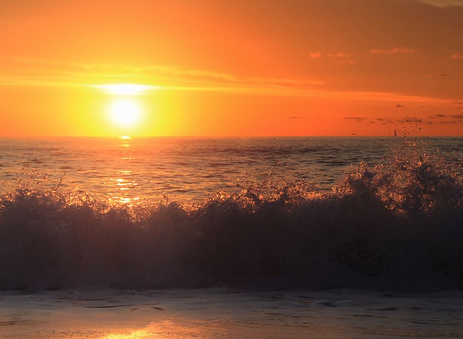 sunrise, ocean, waves, red, morning, seaside, landscape, water HD wallpaper