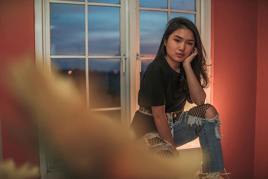 sitting, one person, young adult, casual clothing, window, young women HD wallpaper