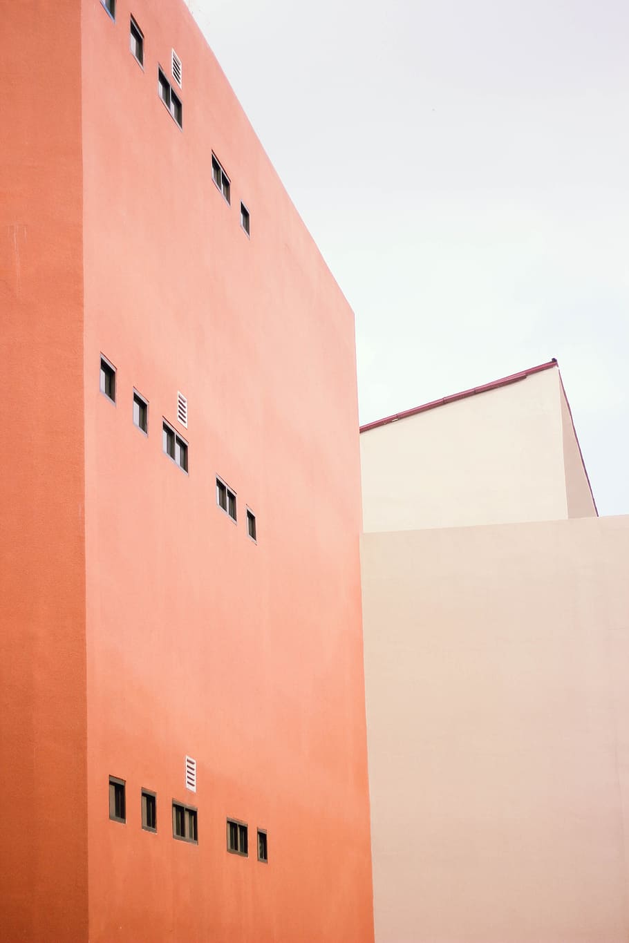 orange painted building, architecture, wall, pink, red, window HD wallpaper