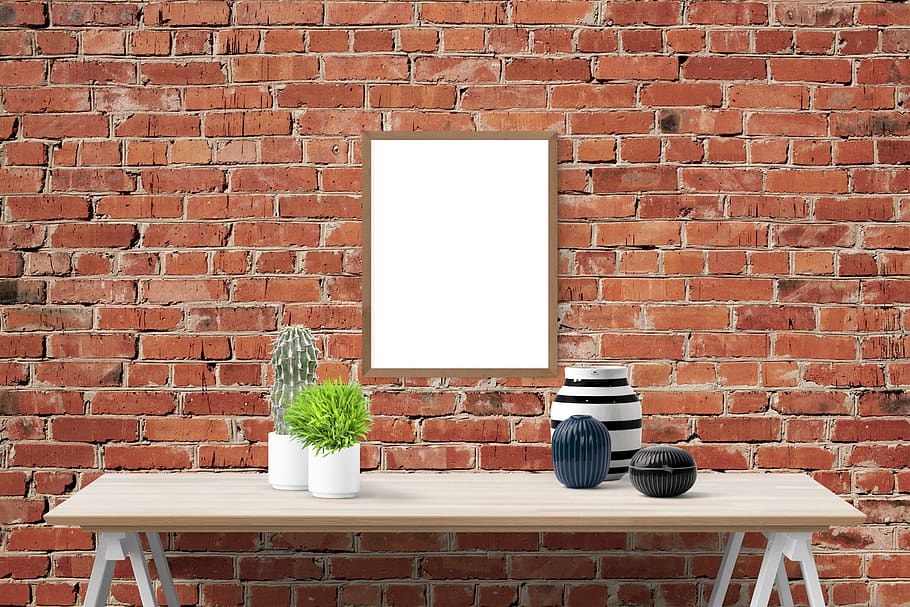poster, frame, wall, desk, plants, brick wall, wall - building feature HD wallpaper