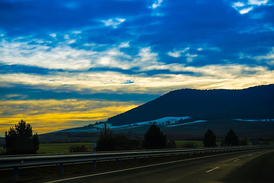 Gray Concrete Road at Golden Hour, asphalt, clouds, daylight HD wallpaper