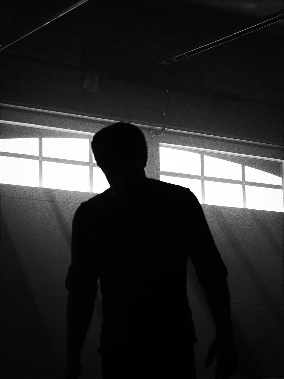 silhouette, man, light, garage, darkness, window, mysterious HD wallpaper