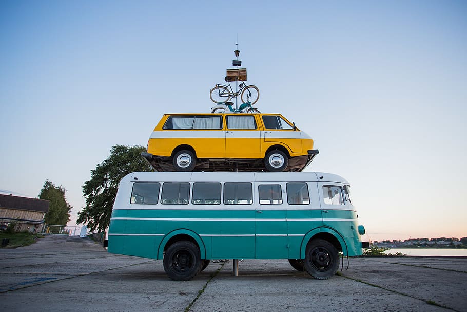 Green and Teal Bus, action, asphalt, auto, automobile, automotive HD wallpaper