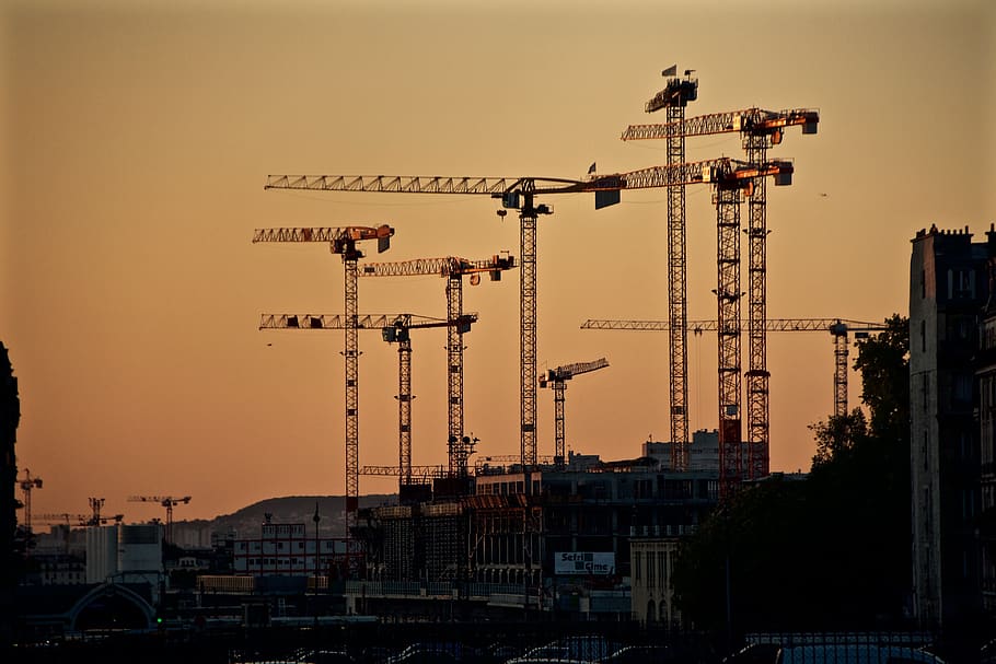france, paris, dusk, work, building, cranes, orange, color HD wallpaper