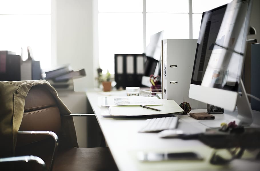 desk, chair, computer, imac, tech, technology, workspace, business HD wallpaper
