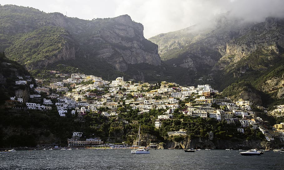 ferryboats near the shore, building, city, urban, town, positano