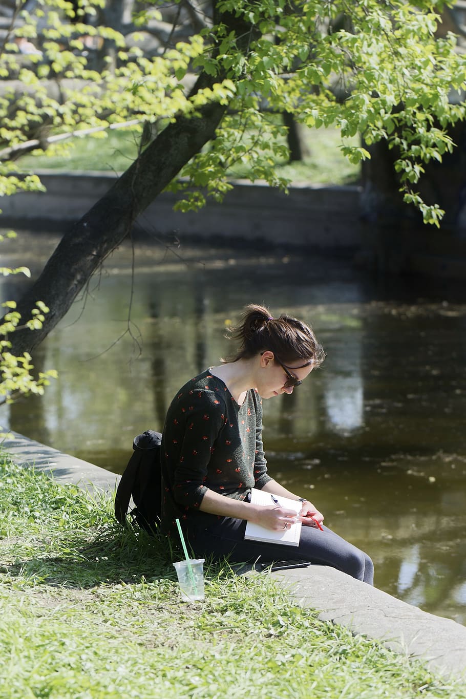 girl, young, the person, woman, female, lake, water, learning