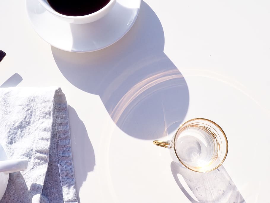 clear glass mug beside coffe, drink, cup, coffee, bright, light, HD wallpaper