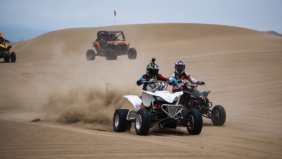 two person riding ATV on dessert, motorcycle, vehicle, transportation