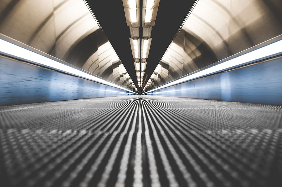 blurry photo of tunnel, paris, station, lights, walkway, travelator, HD wallpaper