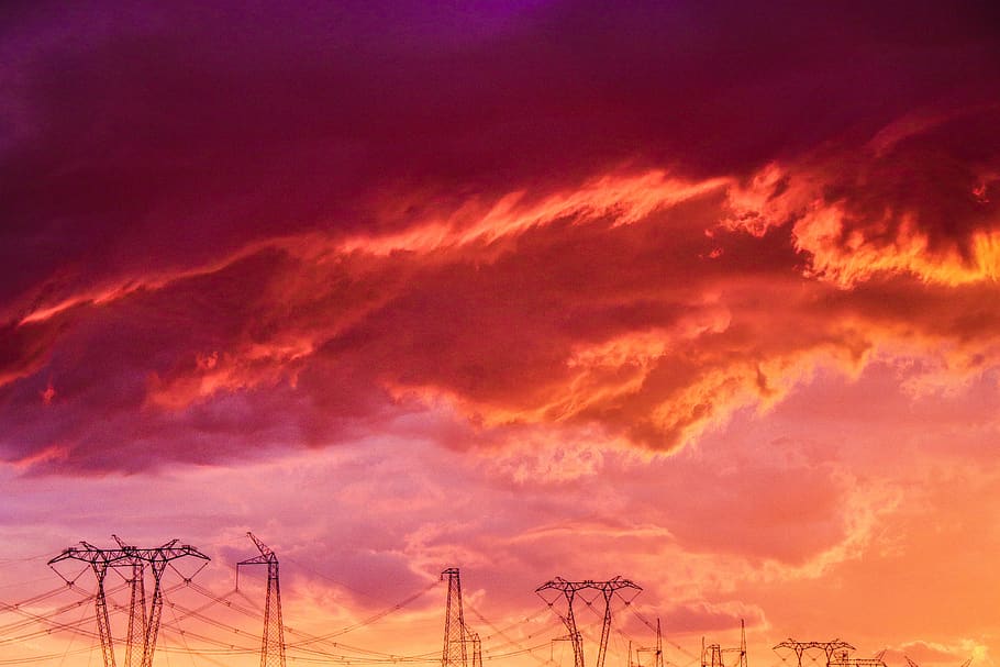 orange clouds, cloud - sky, sunset, technology, electricity, dramatic sky HD wallpaper