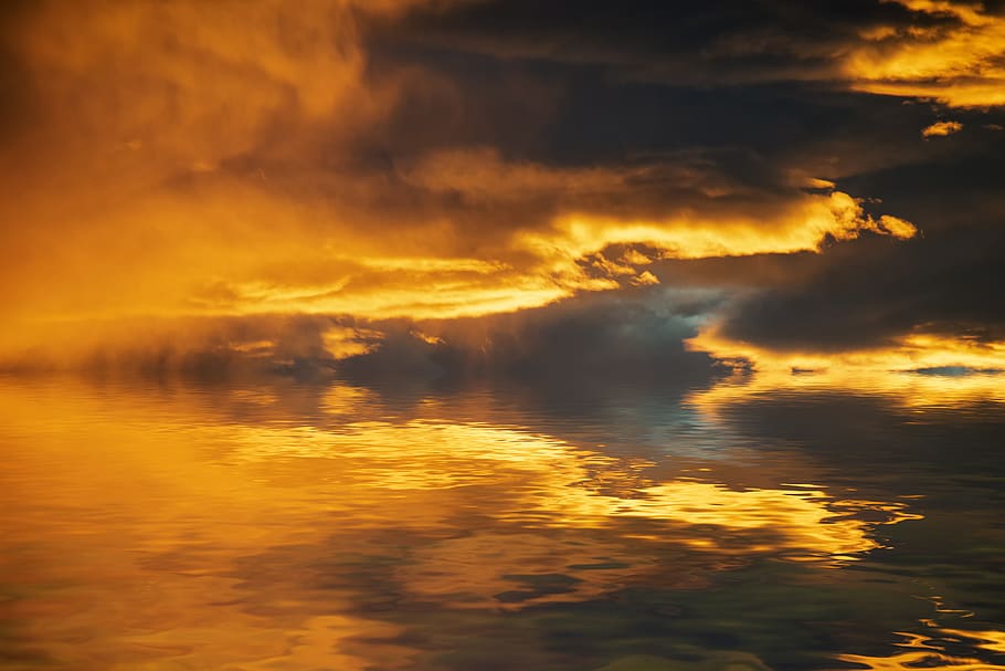 sky, clouds, storm, sunset, landscape, sea, reflection, water HD wallpaper