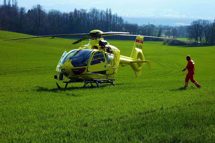 helicopter, field, grass, lawn, laid, yellow, green, man, market, HD wallpaper