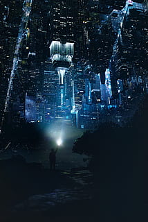 fantasy, city, torch, place, opposite, night, building, surealism HD wallpaper