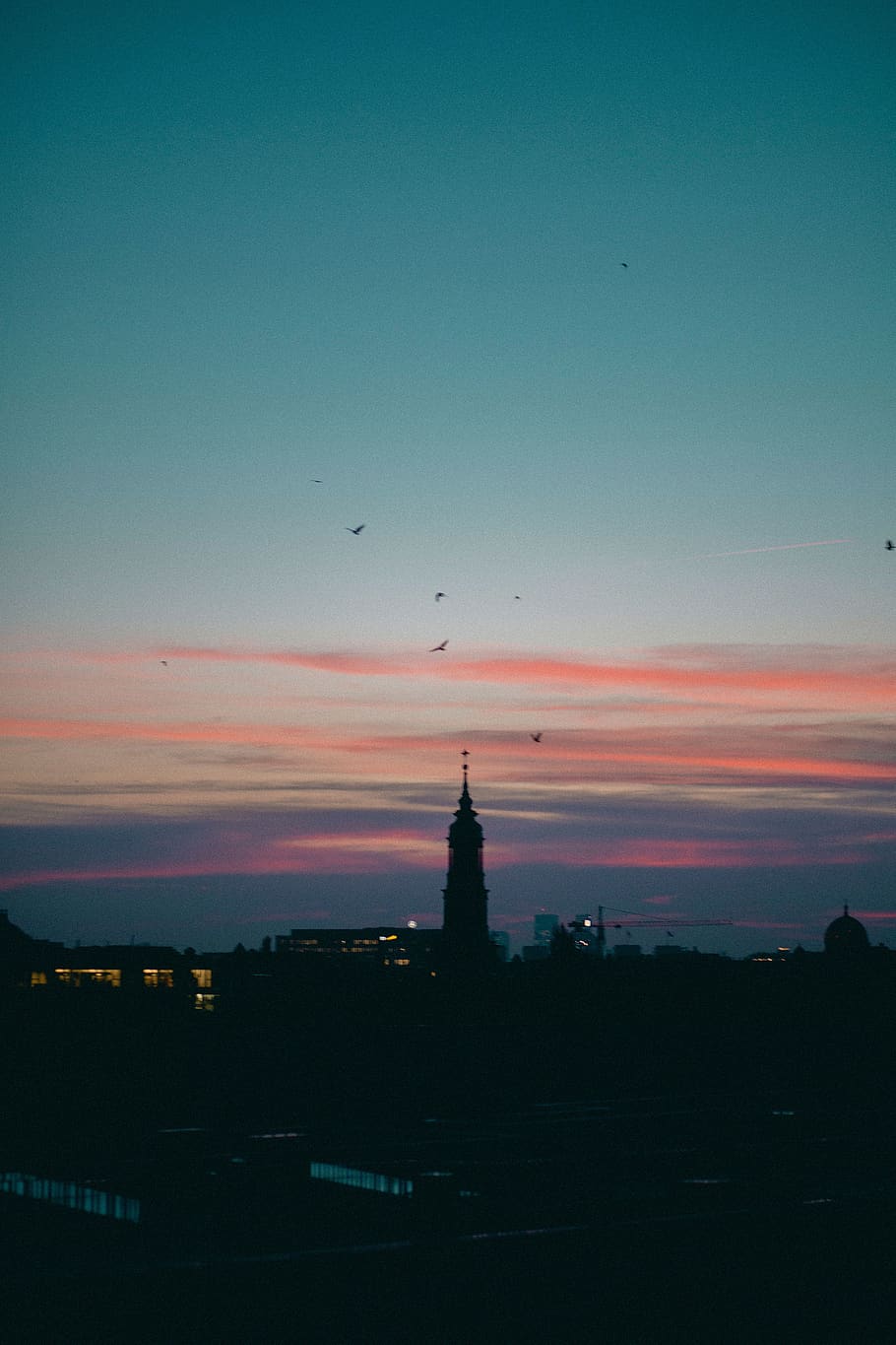 tower under orange and blue sky, nature, sunset, outdoors, red sky HD wallpaper