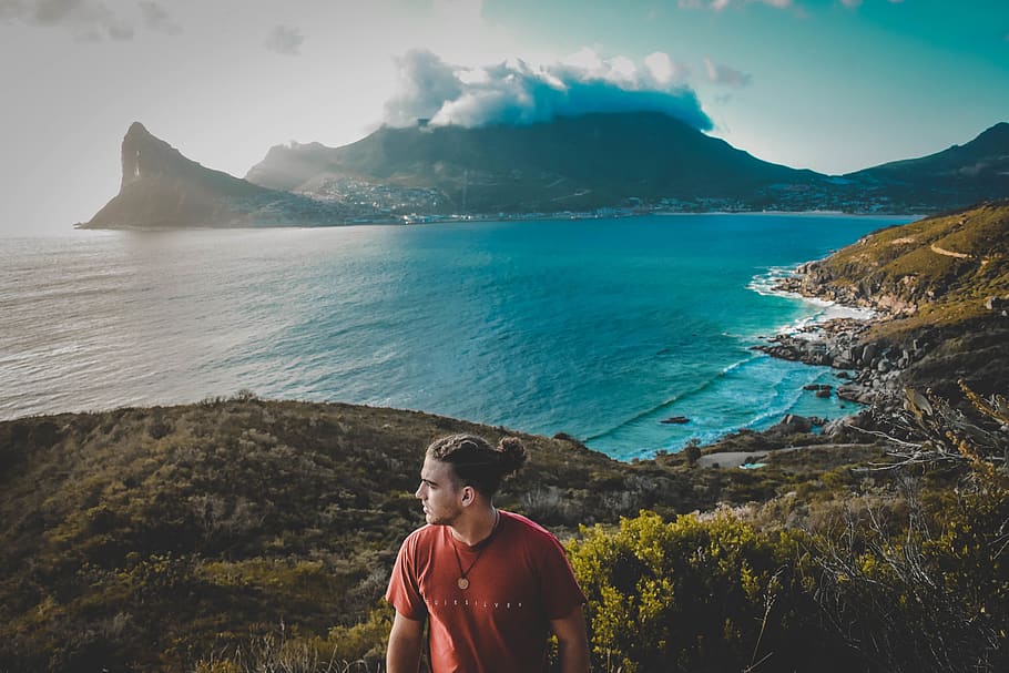 man overlooking sea, outdoors, land, nature, promontory, water HD wallpaper