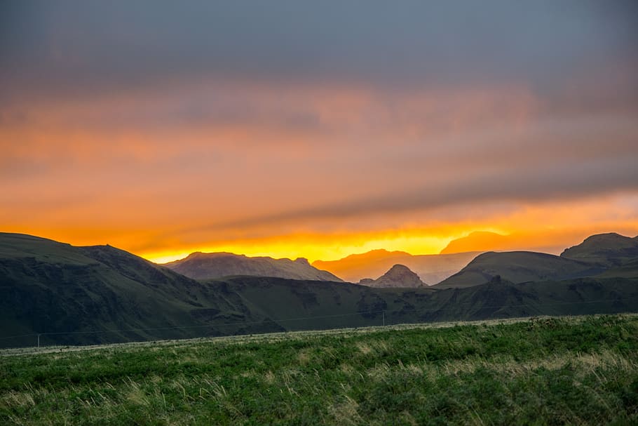 iceland, sun, rays, mist, sky, mountains, fire, sunset, scenics - nature HD wallpaper