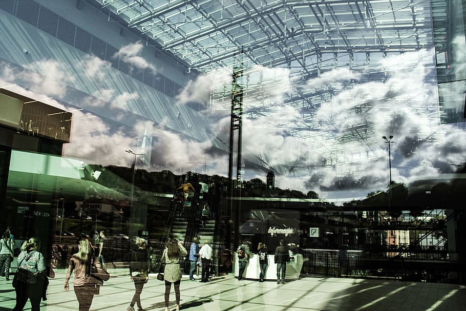 Group of People Walking in Hall, architecture, building, clouds HD wallpaper