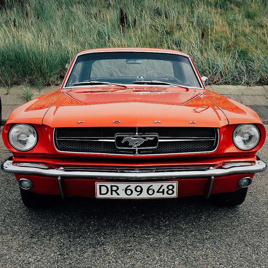 ford, mustang, denmark, red, car, oldtimer, mode of transportation HD wallpaper