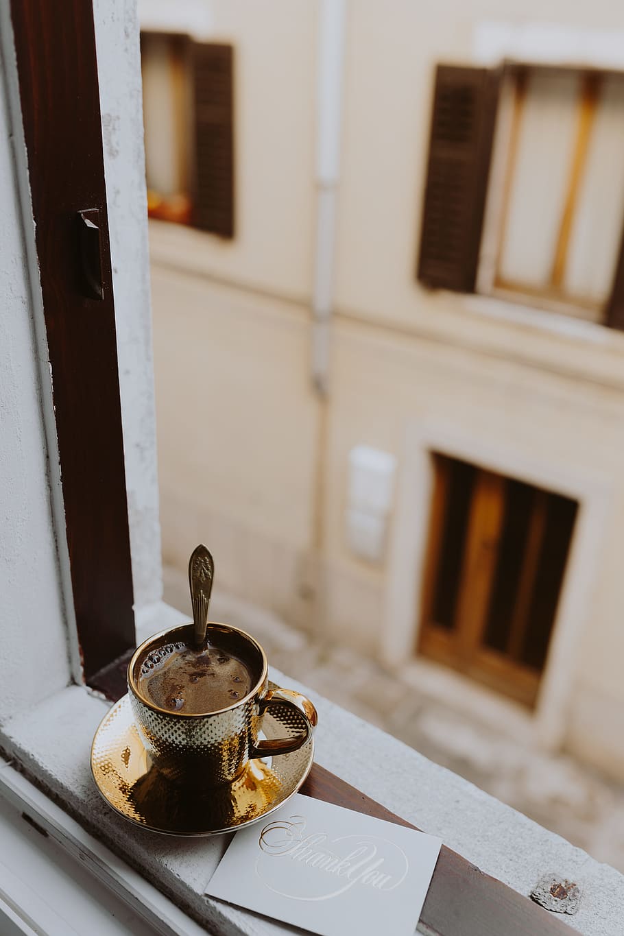 Drink coffee in a golden cup at the window, gold cup, morning, HD wallpaper
