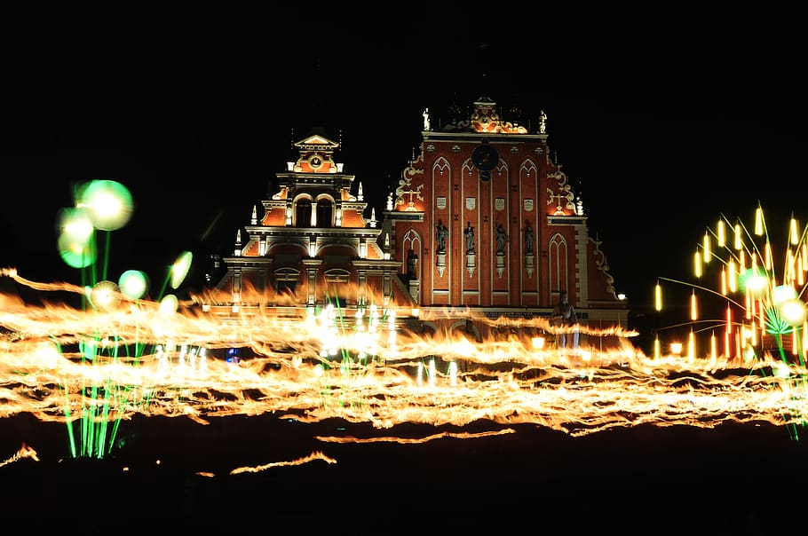 latvia, riga, light, night, festival, travel, building exterior HD wallpaper