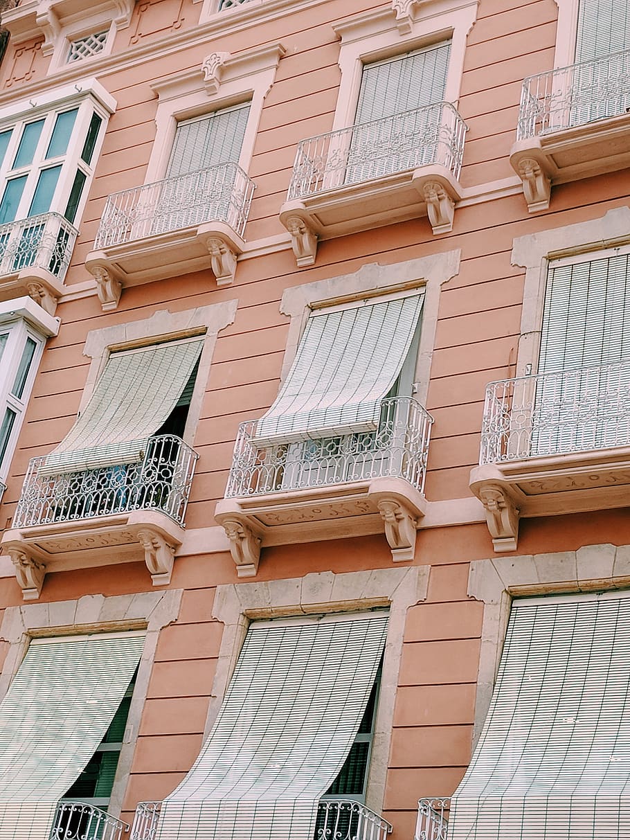 windows, pink, building, spain, balcony, built structure, low angle view HD wallpaper