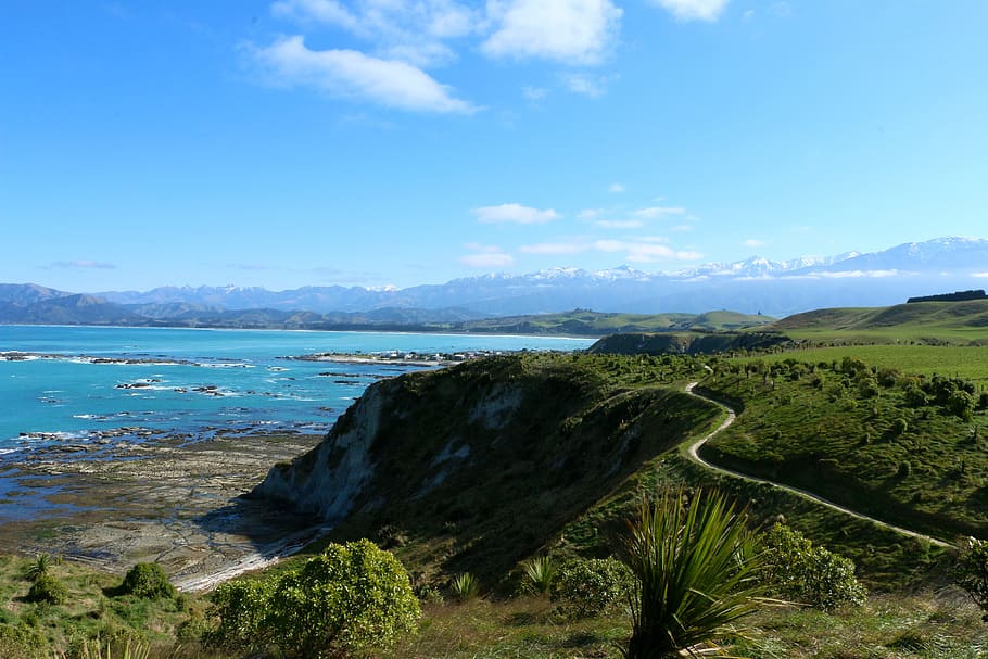 new zealand, kaikoura, trail, mountains, ocean, sky, water, HD wallpaper