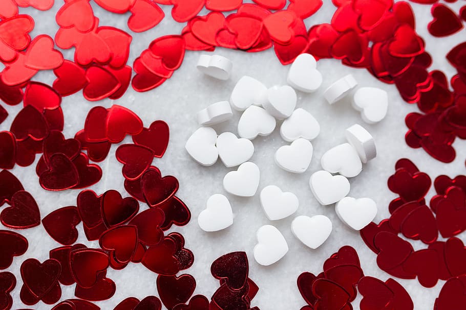 Heart foil confetti, background, love, red, valentine, valentine's day, HD wallpaper