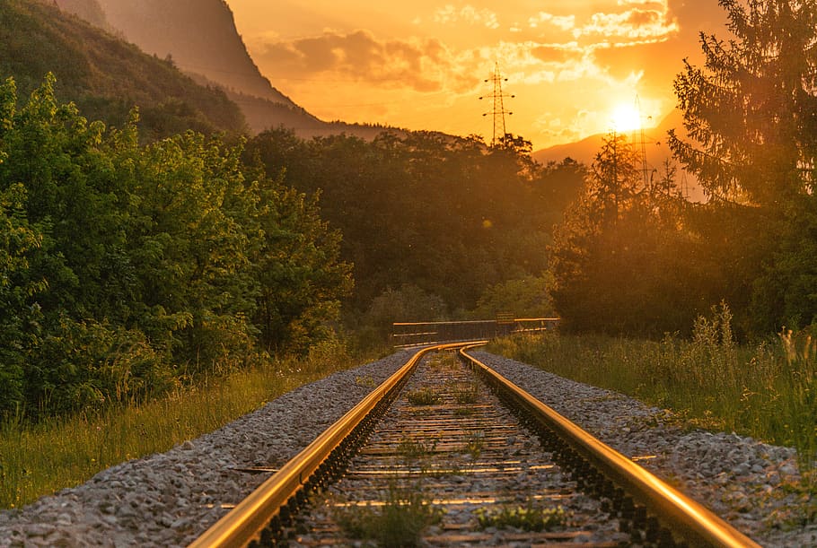 Train Railway Near Trees, clouds, cloudy, country, distance, gravel HD wallpaper