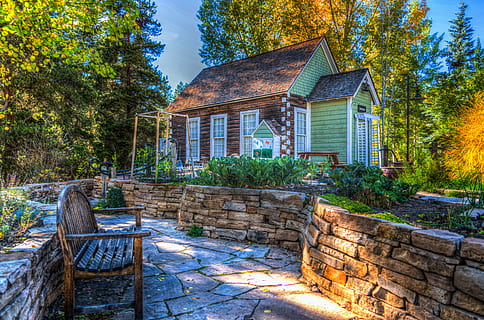 Brown and White Wooden House on Green Forest, architecture, bench HD wallpaper