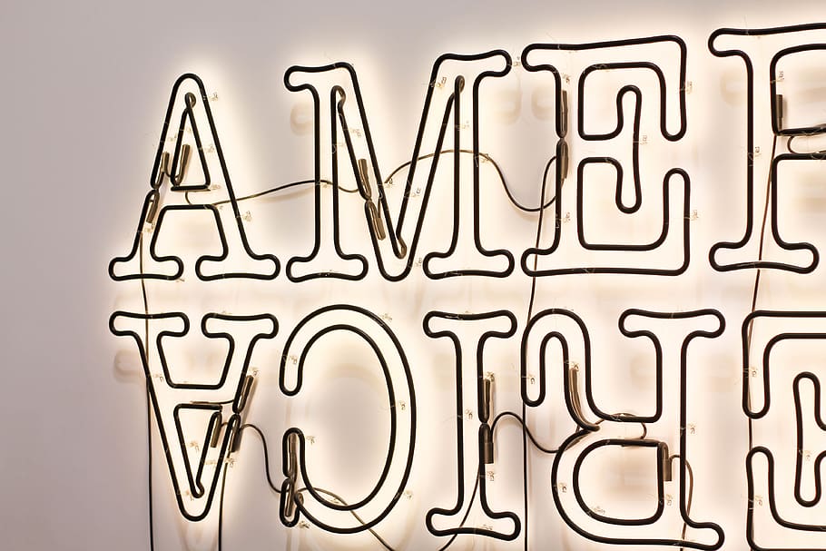 white and black amer text, sign, people, business, large group of objects HD wallpaper